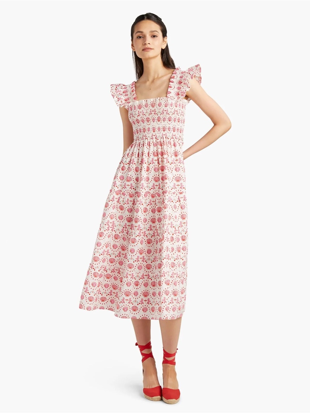 Hill House Ellie Nap Dress Pink & Red Mermaid & Shells Smocked Midi Dress Large